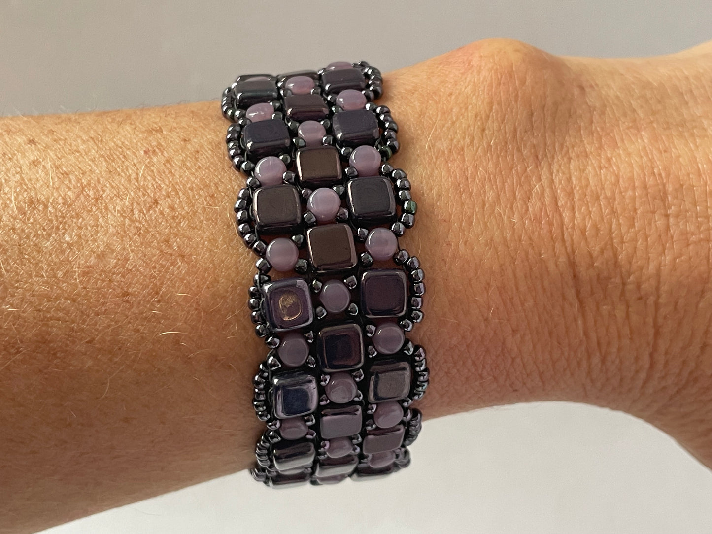 Close up image of bracelet showing how it looks worn on wrist