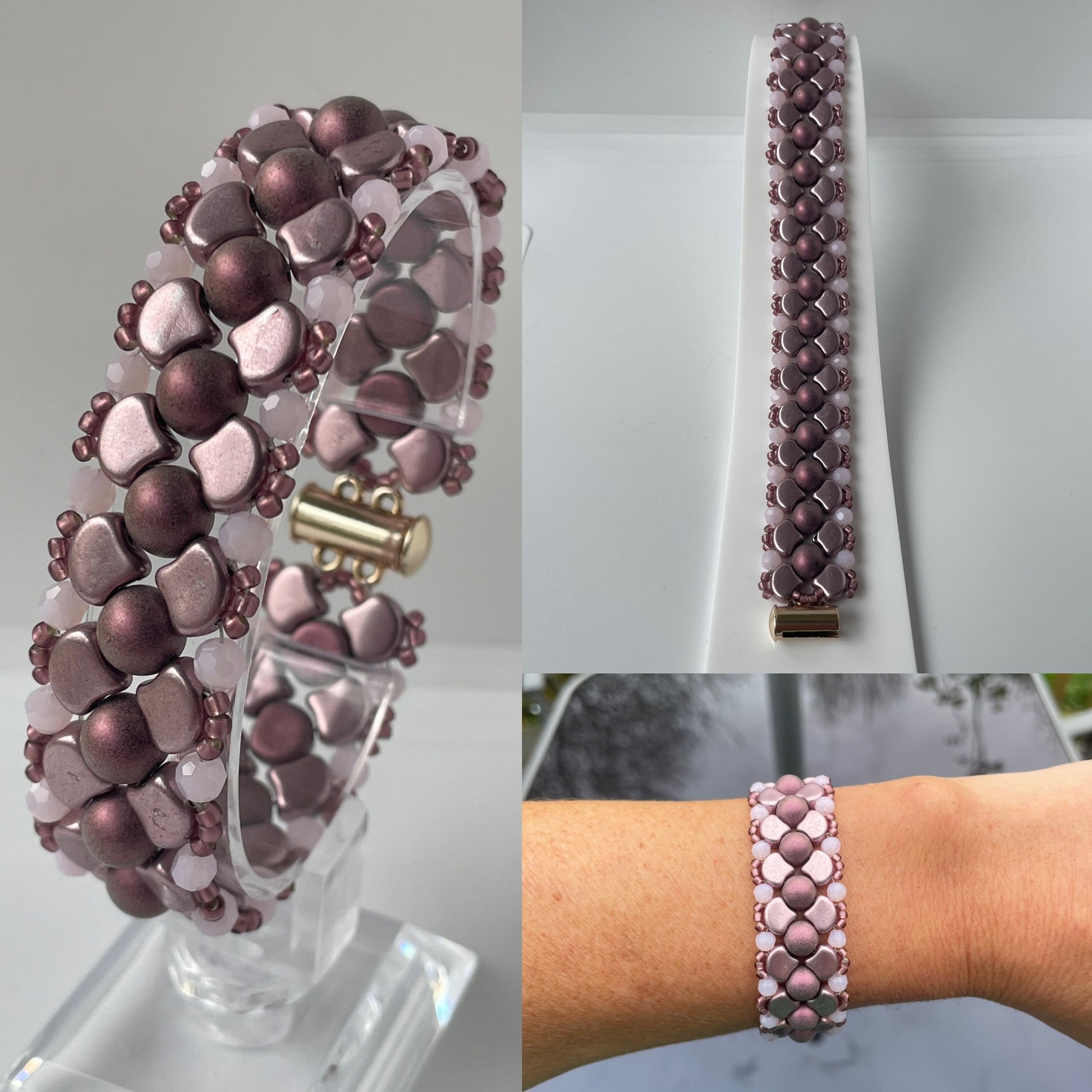 Three images of bracelet at different angles and zoom