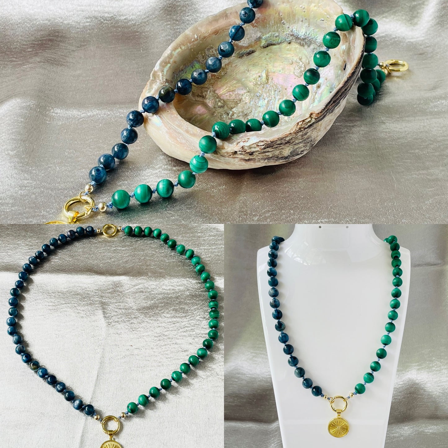 Malachite and Kyanite Gemstone and Gold Filled Charm Necklace