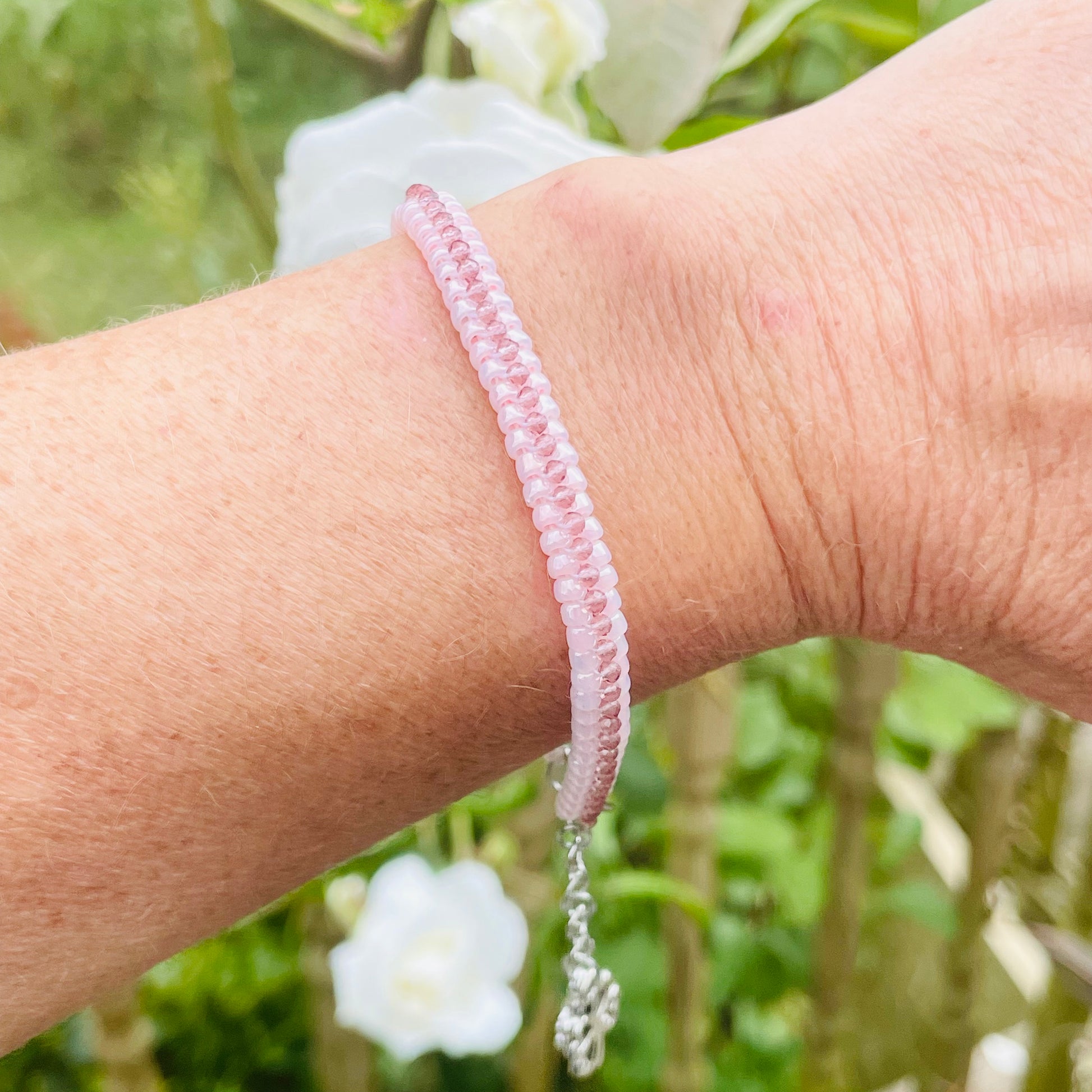 Seed bead and crystal bracelet on wrist