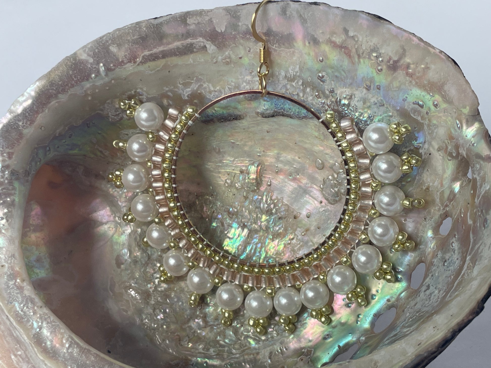 Close up image of earring in abalone shell