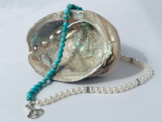 White Shell and Turquoise Stone Necklace with Lotus Charm