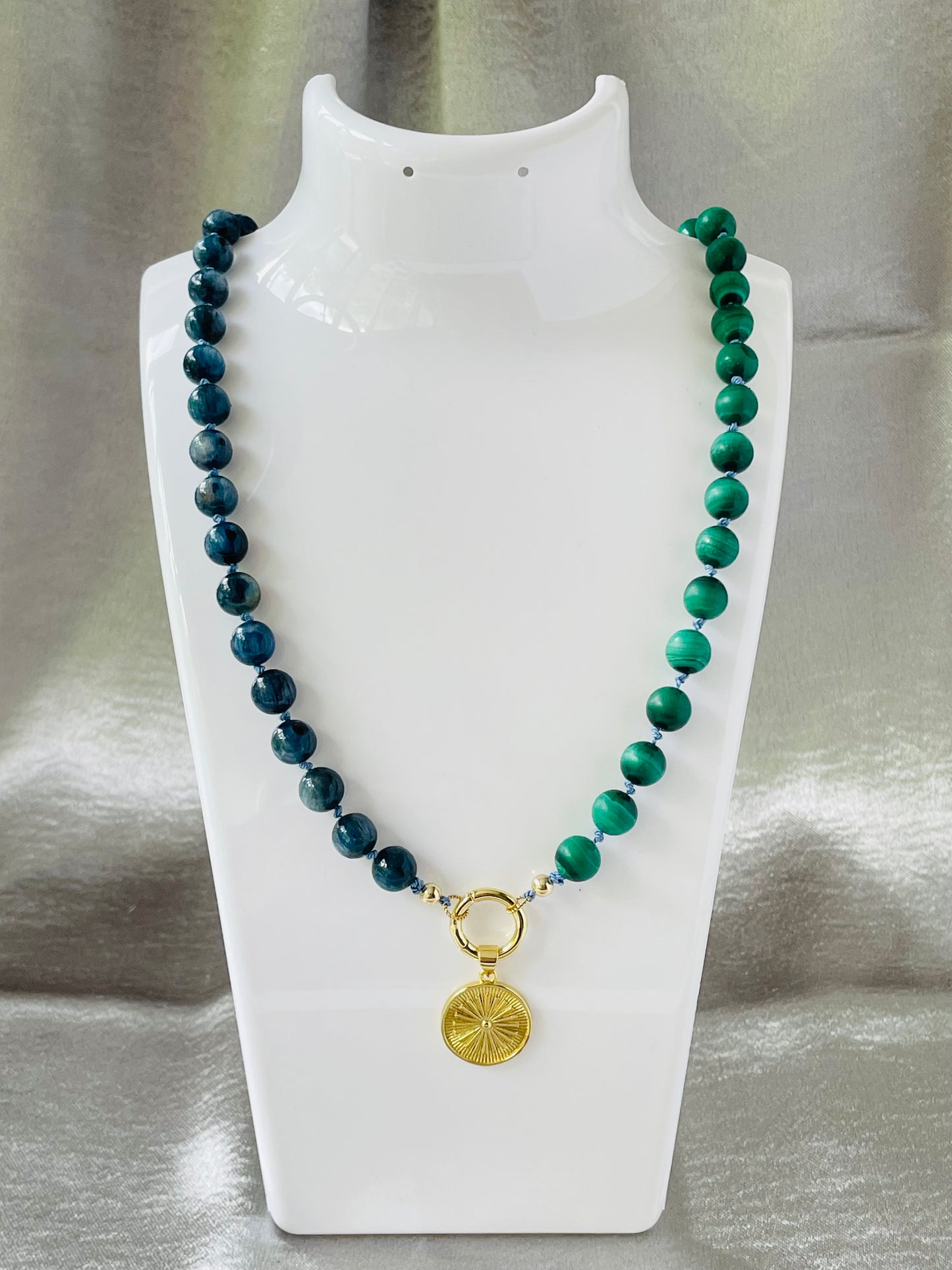 Malachite and Kyanite Gemstone and Gold Filled Charm Necklace