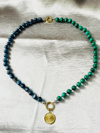 Malachite and Kyanite Gemstone and Gold Filled Charm Necklace