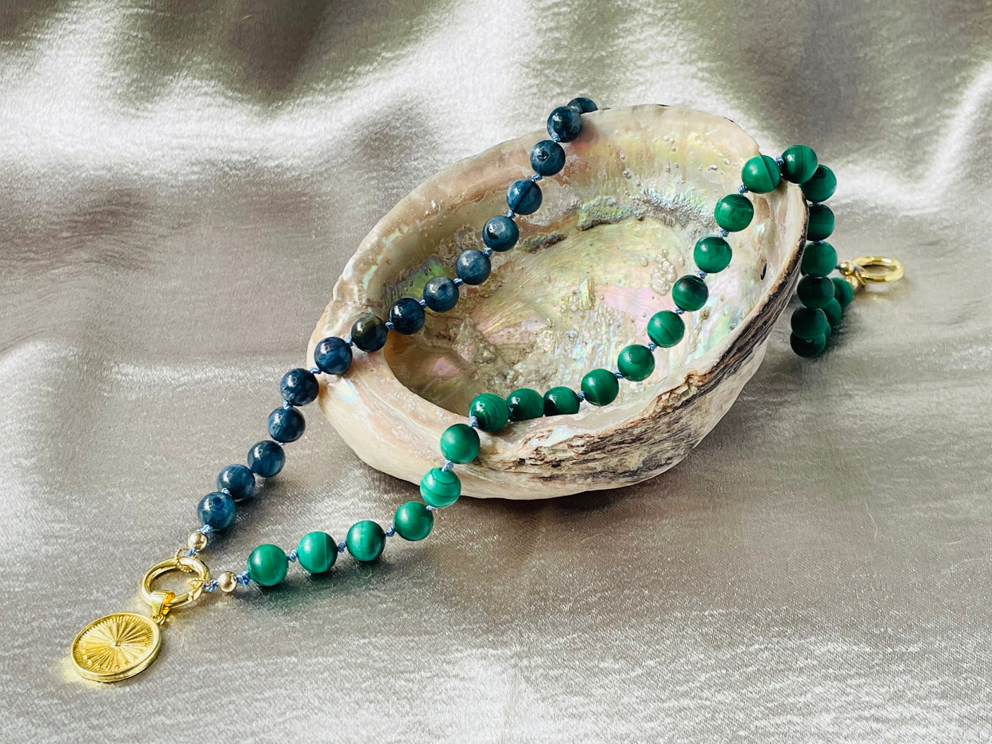 Malachite and Kyanite Gemstone and Gold Filled Charm Necklace