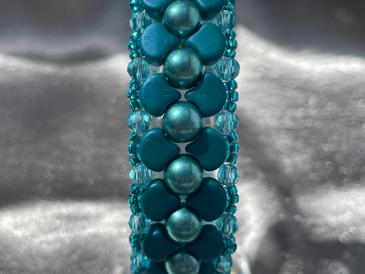 Teal coloured ginko bracelet closeup