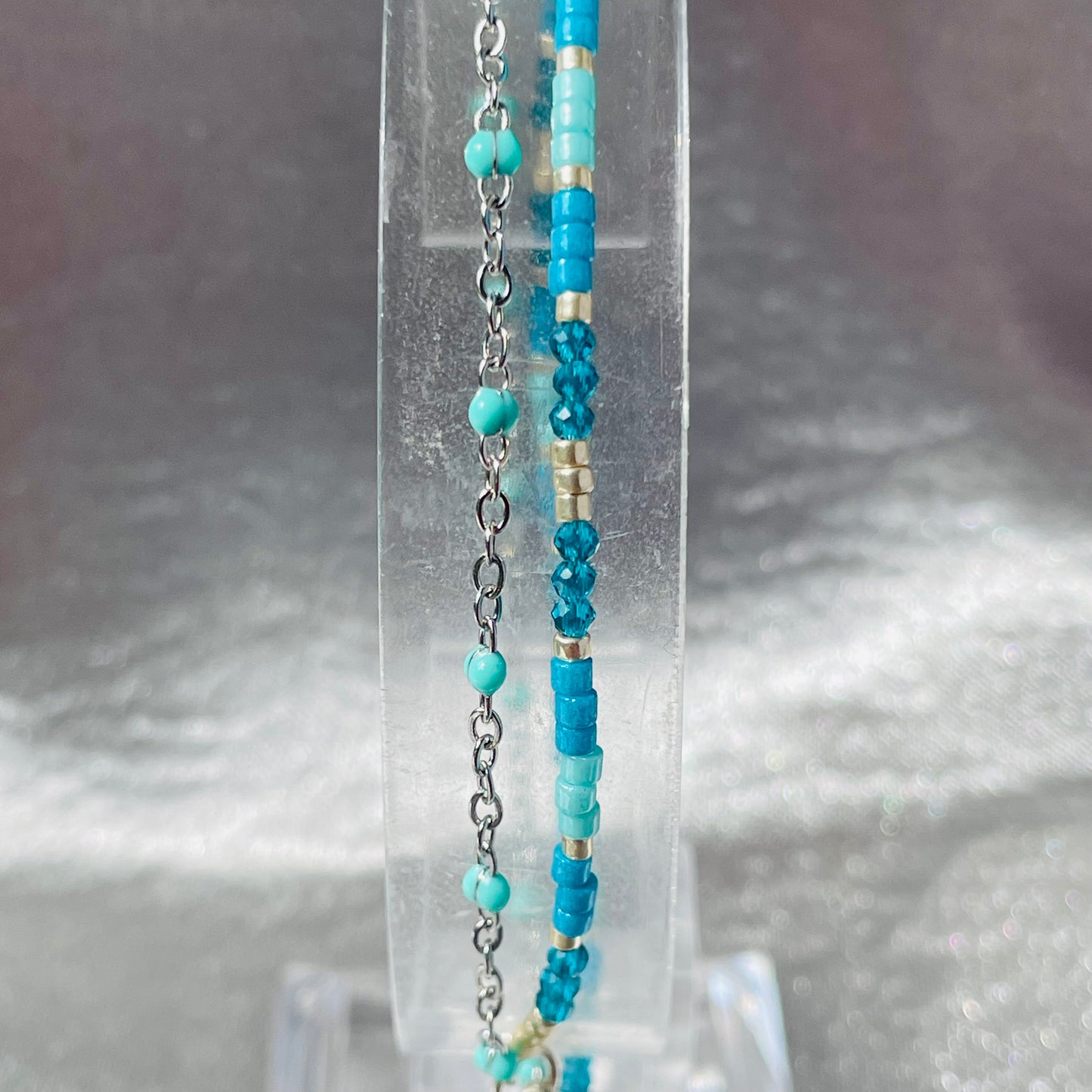 Double layer glass and crystal bead and chain bracelet (Teal and turquoise)