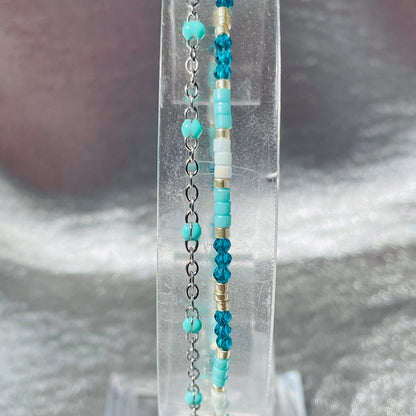 Double layer glass and crystal bead and chain bracelet (Turquoise and Pale Blue)